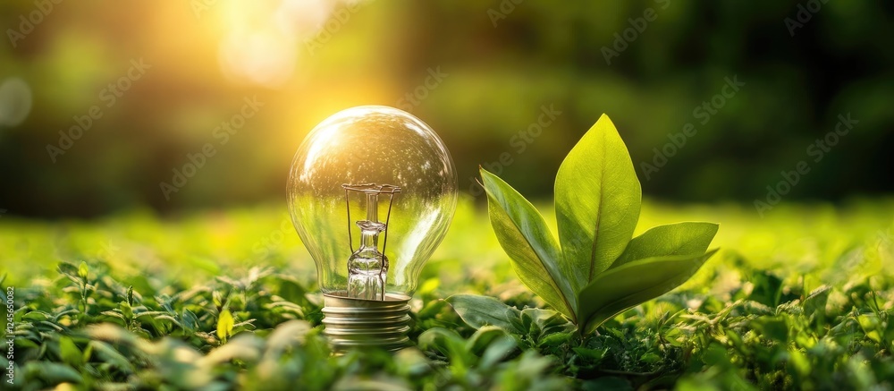 Aufkleber nature-inspired image featuring a clear light bulb reflecting greenery next to a green leaf on vibra