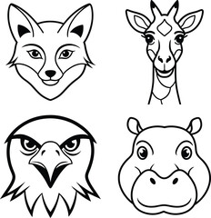 Animal Head Illustrations: Fox, Giraffe, Eagle, Hippopotamus - Line Art Collection