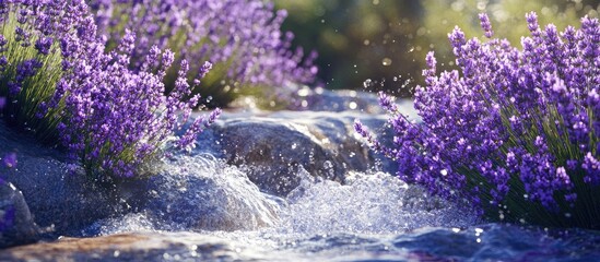Vibrant purple lavender flowers bloom along a sparkling brook with splashes of water creating a stunning summer landscape with lush greenery.