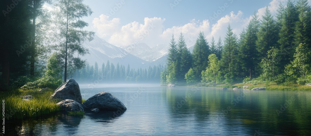 Poster serene lake landscape surrounded by lush green forest with soft mist and mountains in the background