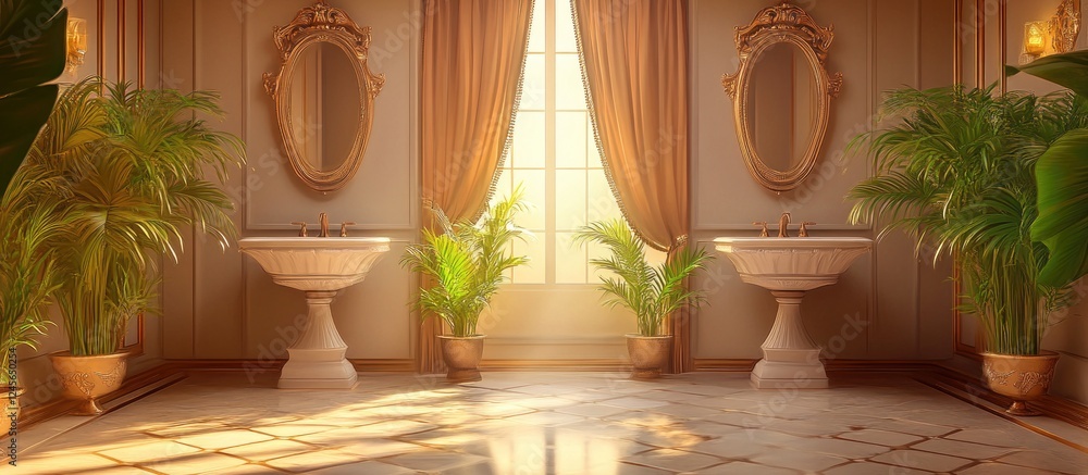 Poster luxurious bathroom interior with two elegant sinks set against large windows draped with warm curtai