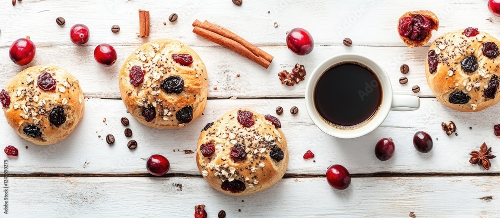 Aufkleber freshly baked bread rolls topped with dried fruits and nuts arranged on a rustic wooden table beside