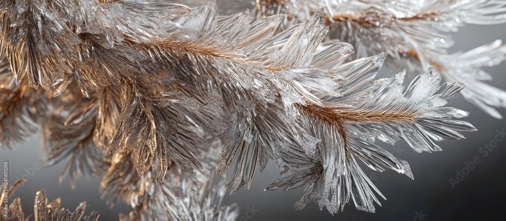 Poster close-up of frosty pine tree branch with intricate icy details, featuring soft brown and crystal cle