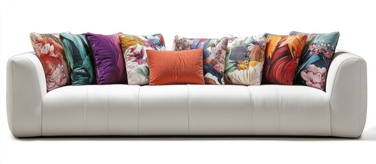 Stylish modern white couch with vibrant multicolored pillows in various textures arranged evenly for a contemporary and inviting living space