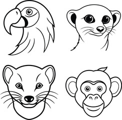 Animal Head Illustrations: Parrot, Meerkat, Ferret, Monkey - Line Art Collection