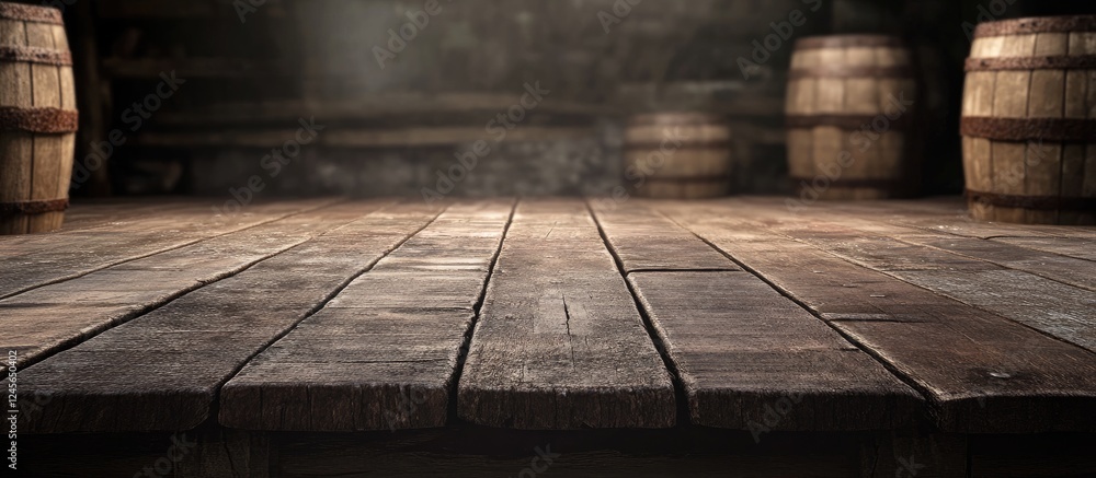 Poster rustic dark wooden table top in focus with aged barrels in the background softly illuminated creatin