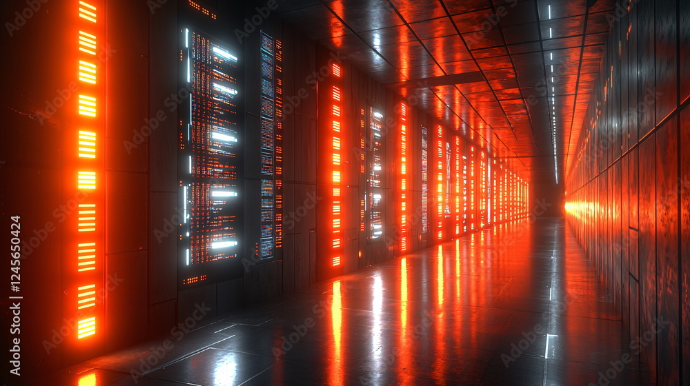Aufkleber neon-lit corridor with illuminated panels reflecting off shiny surfaces creating a futuristic atmosp