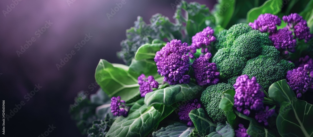 Aufkleber vibrant purple flowers atop fresh kale and broccoli create a colorful and nutritious focal point aga