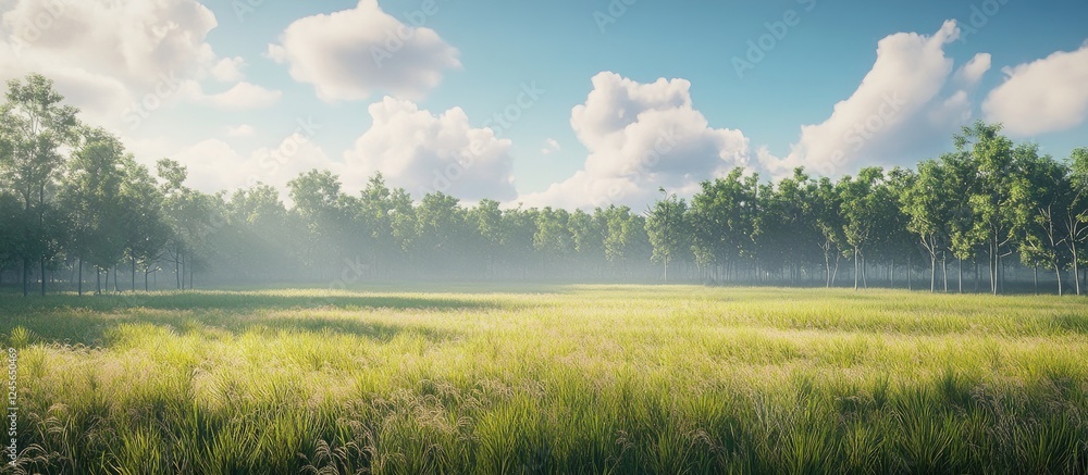 Poster vibrant green tall grass field under a clear blue sky with soft clouds surrounded by a lush forest c