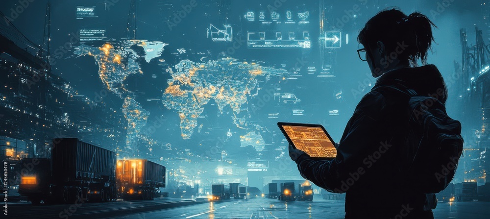 Poster technology and data visualization concept with global map, female professional working on tablet in 