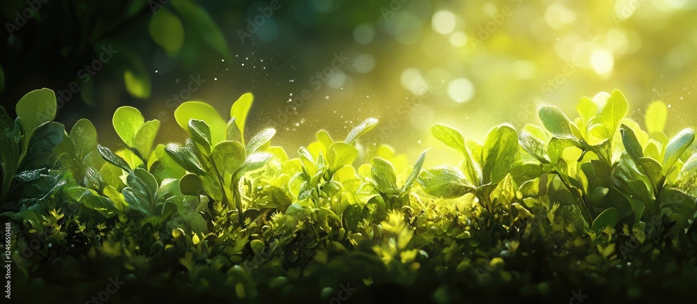Poster vibrant green leaves basking in soft morning sunlight with a radiant glow against a blurred natural 