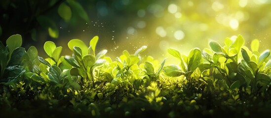 Vibrant green leaves basking in soft morning sunlight with a radiant glow against a blurred natural background creating an enchanting spring scene.