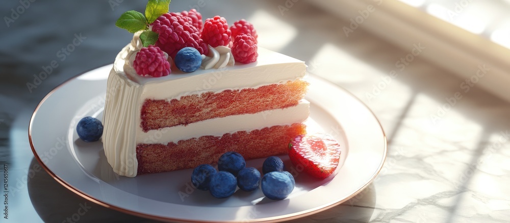 Poster elegant layered cake with creamy frosting garnished with raspberries and blueberries on a white plat