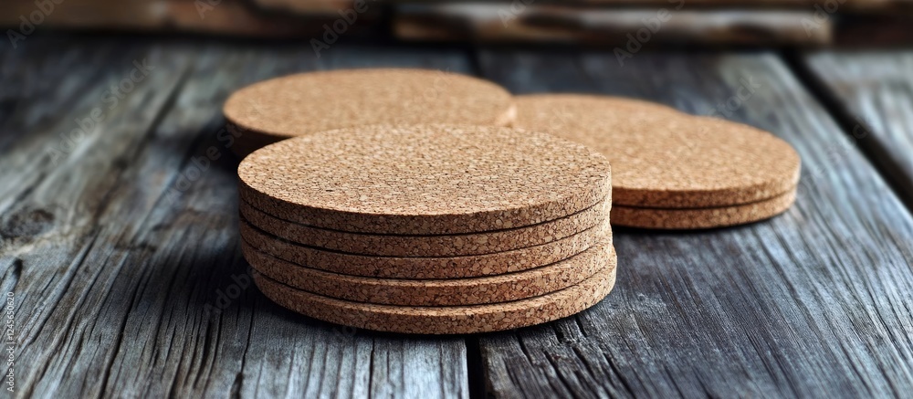 Poster stack of round cork coasters arranged on a rustic wooden surface with natural grain textures featuri
