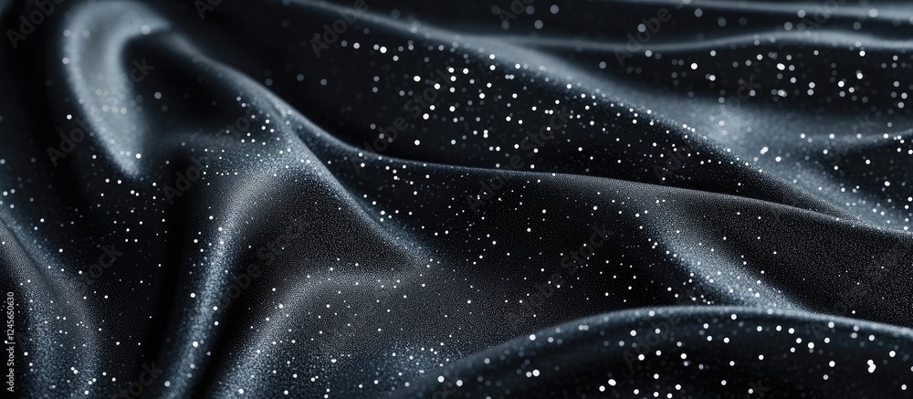Leinwandbilder Black fabric with shimmering silver cosmic particle scatter design draped in soft waves creating an elegant texture and visual depth.