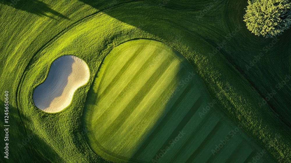 Poster aerial view of lush green grassland with distinct mowing patterns, textured by light and shadows fro