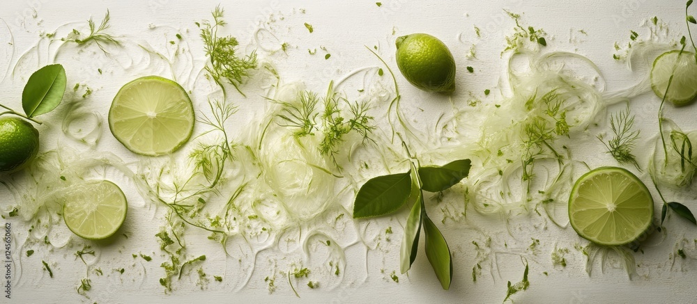 Poster vibrant lime zest slices and leaves scattered on a rustic white table create a fresh, appealing top 
