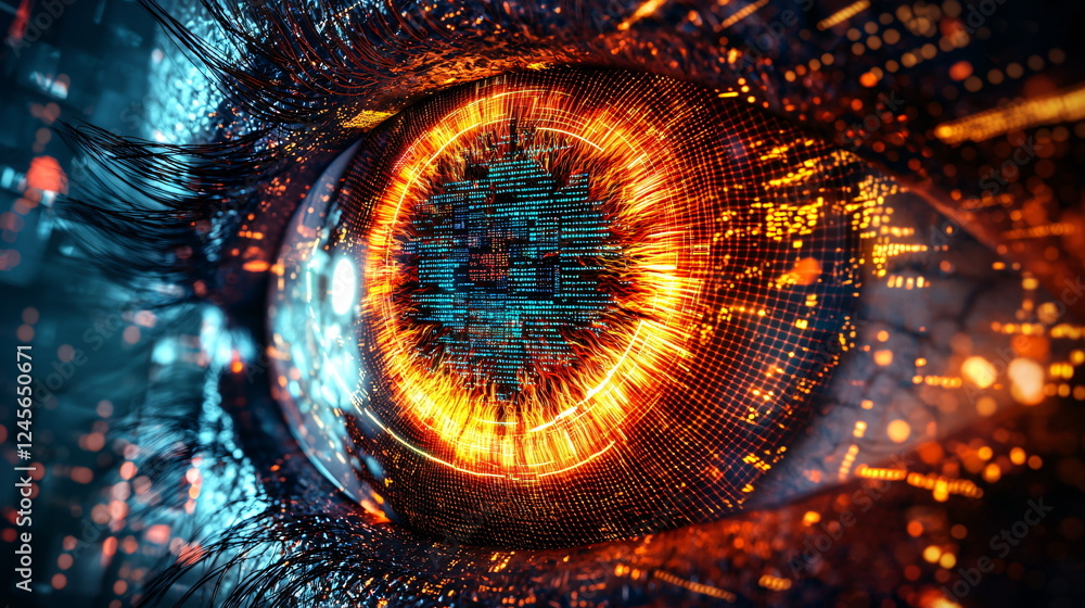 Aufkleber eye with intricate patterns and vibrant colors resembling digital data visualization, glowing elemen