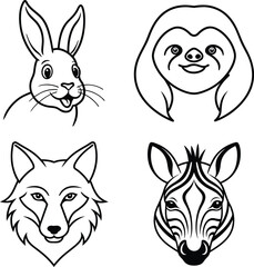 Animal Head Illustrations: Rabbit, Sloth, Wolf, Zebra - Line Art Collection