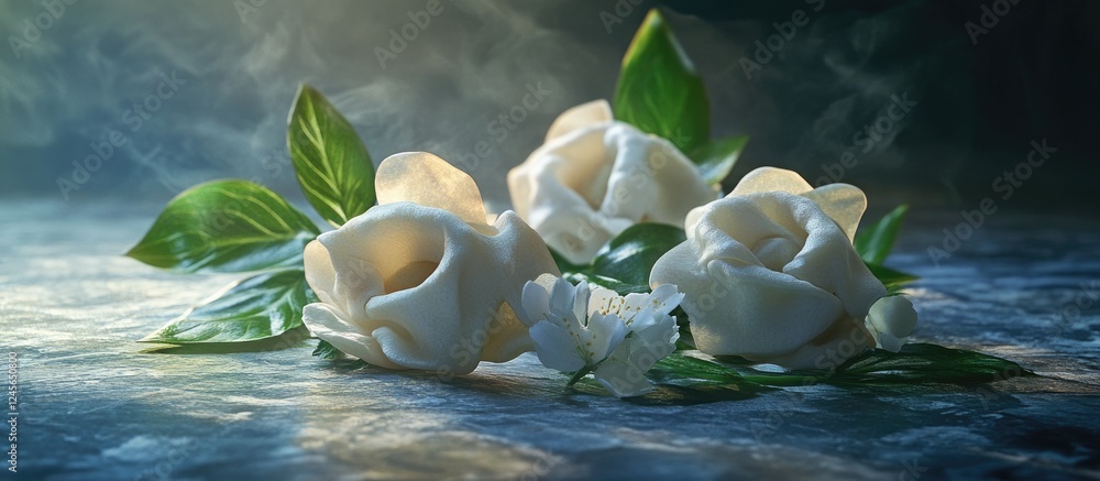 Aufkleber delicate white roses with soft petals and lush green leaves arranged artistically on a serene surfac