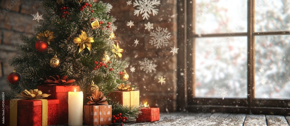 Poster christmas scene with a decorated green tree adorned with colorful ornaments and gifts in red and gol