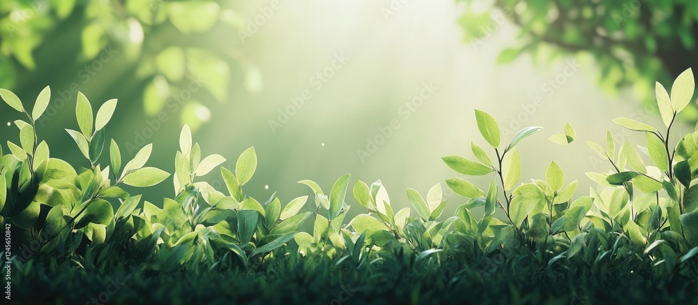 Poster Lush green foliage with soft sunlight filtering through creating a tranquil and refreshing background ideal for a spring-themed design