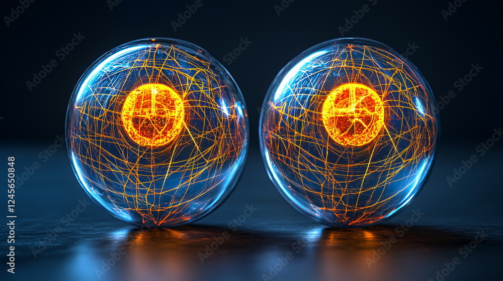 Aufkleber ethereal glowing spheres with intricate orange networks and luminous centers illuminating a dark bac