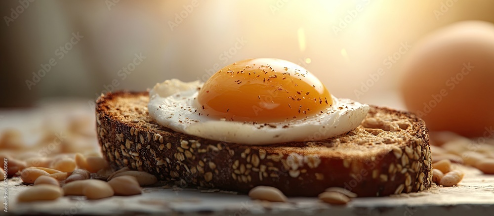 Aufkleber Close-up of a golden fried egg on topped multigrain toast with scattered pine nuts and soft sunlight creating a warm, inviting breakfast scene