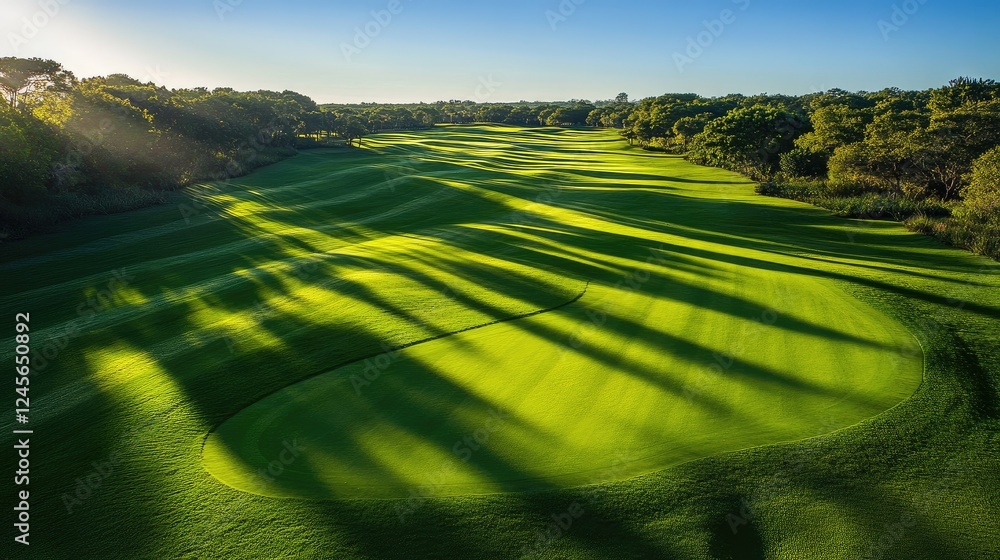 Poster bird's-eye view of large green fields with varying grass-cutting patterns, highlighted by the interp