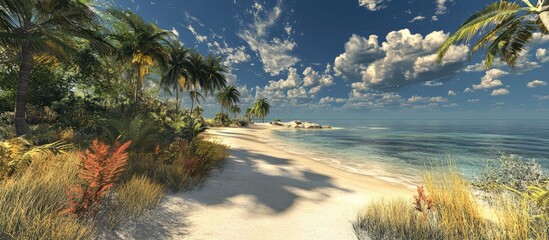 Obraz premium Serene tropical beach scene with white sandy shore, lush palm trees in foreground, clear blue water, and dramatic cloud-filled sky at sunset.