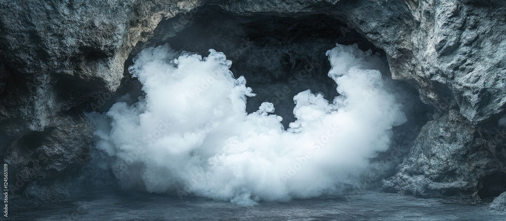 Aufkleber Mysterious white smoke billows in a shadowy cave with gray rocky surroundings creating an enchanting atmosphere that captivates the viewer's imagination