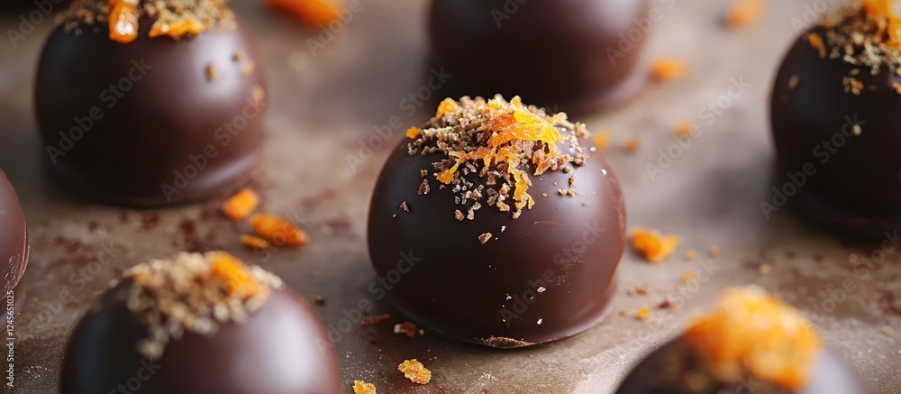 Poster homemade chocolate truffles with rich dark chocolate coating topped with vibrant orange zest and nut