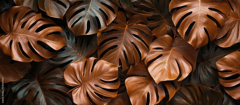 Aufkleber brown and green monstera leaves arranged in a flat lay style create a rich, textured background with