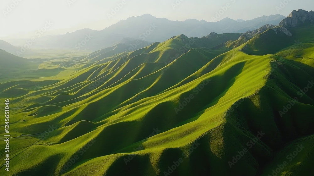 Poster bird's-eye view of large green fields with varying grass-cutting patterns, highlighted by the interp