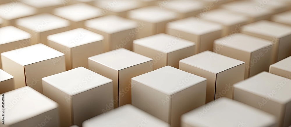 Poster three-dimensional rendering of overlapping square boxes in a grocery environment, featuring beige to