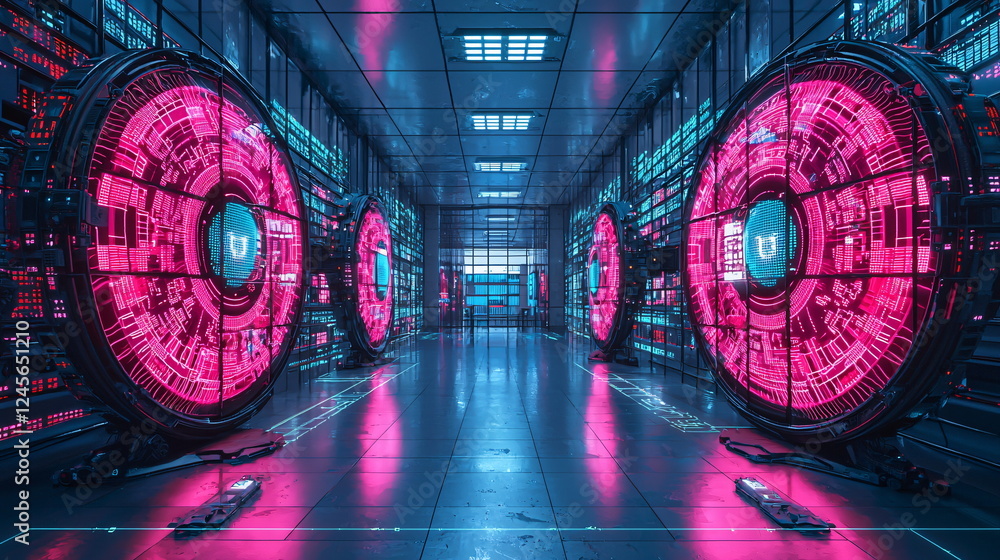 Aufkleber futuristic data center with glowing pink circular displays and high-tech servers illuminated by blue