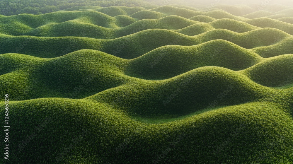 Poster expansive aerial view of a grass field featuring wavy grass-cutting patterns, bathed in warm light w