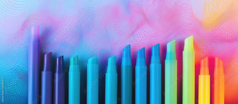Aufkleber Vibrant array of blue and green markers arranged horizontally on a colorful gradient background with pink and purple hues blending softly.