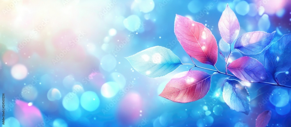 Poster Vibrant abstract blue background with multicolored leaves in pink and turquoise, illuminated by soft lighting, creating a dreamy and captivating effect