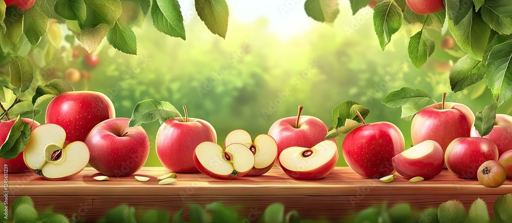 Poster vibrant red apples whole and sliced on a wooden table with lush green orchard background showcasing 