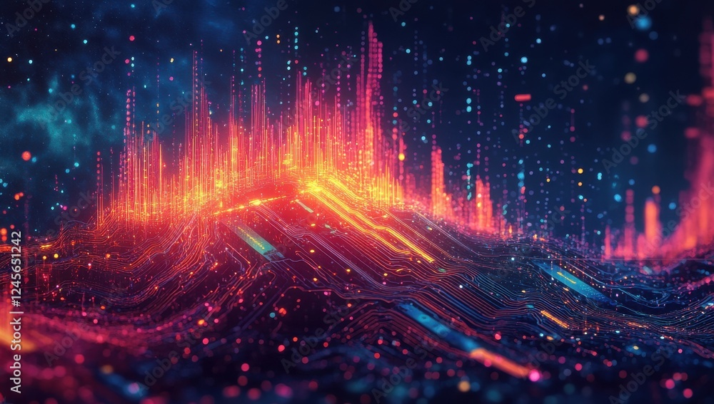 Poster vibrant abstract landscape of digital waves and bright colors representing data visualization and te