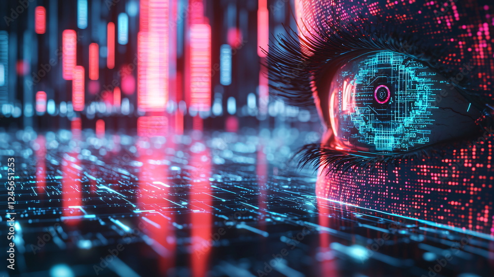 Aufkleber digital eye gazing at vibrant data streams with neon colors in a futuristic setting, showcasing a bl