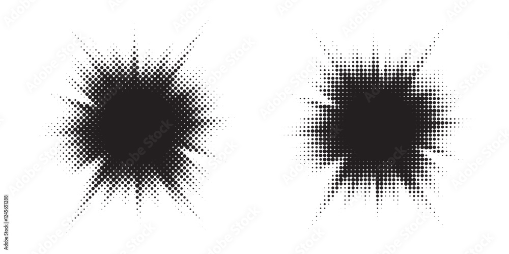Poster Halftone circle frame background set. Round border Icon using halftone random circle. Grunge circular stain. Vector illustration.