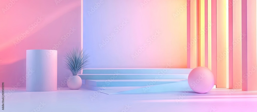 Aufkleber Vibrant pastel gradient background with abstract shapes including a white cylinder and a spherical object on the right, creating a minimalist aesthetic.