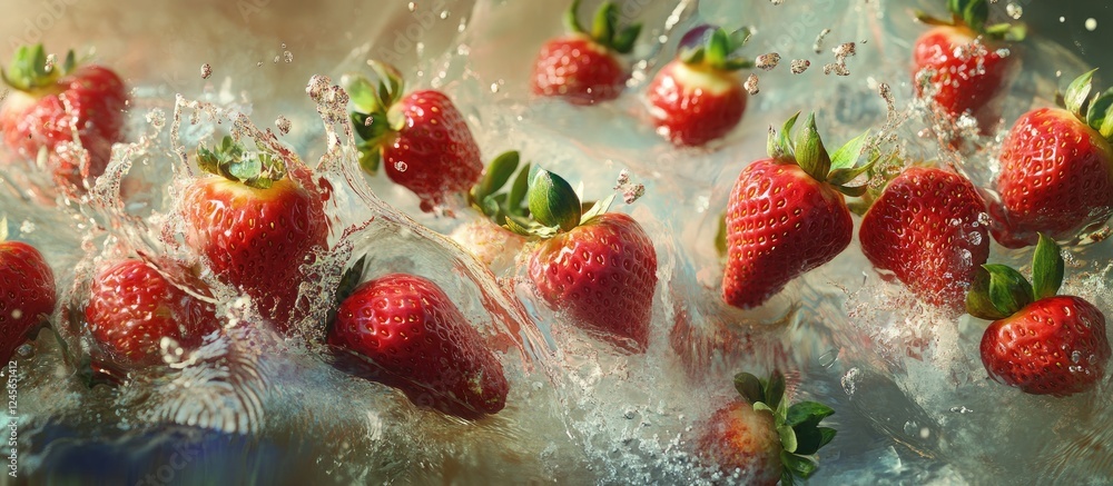 Poster vibrant red strawberries splash into clear water, creating dynamic droplets and ripples; fresh berri