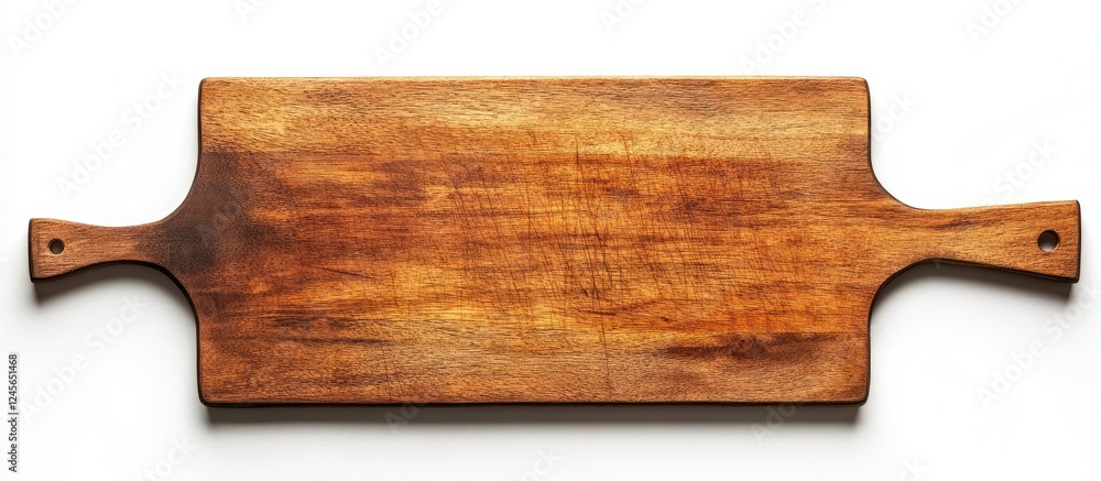 Poster top down view of a rustic wooden cutting board with a warm brown hue against a white background, per