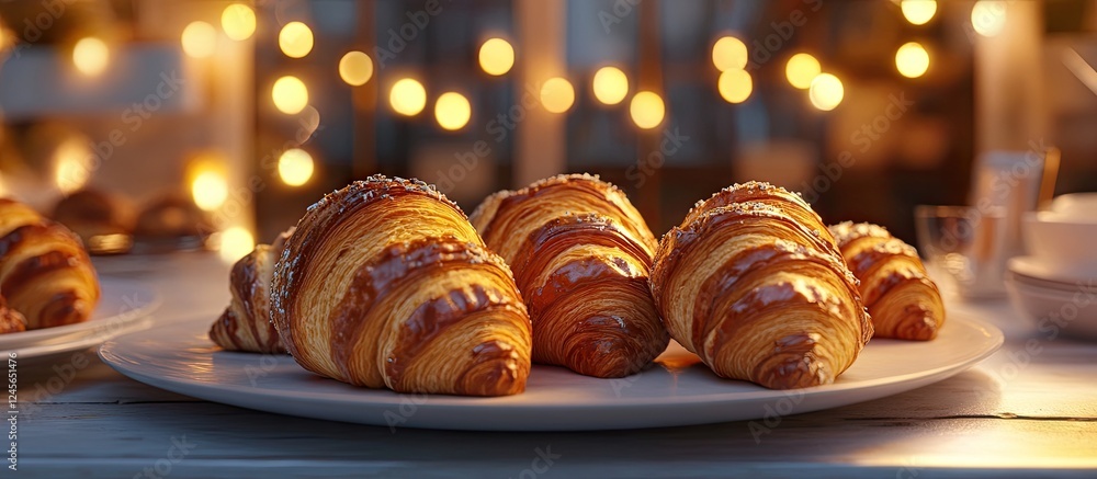 Aufkleber warmly lit chocolate croissants arranged on a rustic white wooden table with a cozy atmosphere, ador