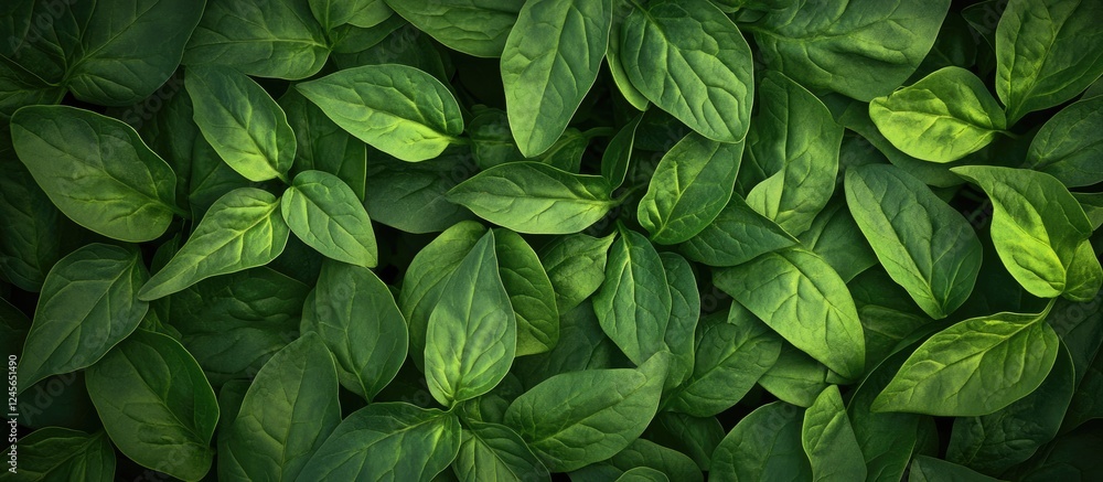 Poster vibrant green spinach leaves filling the frame in a top view perspective showcasing the rich texture