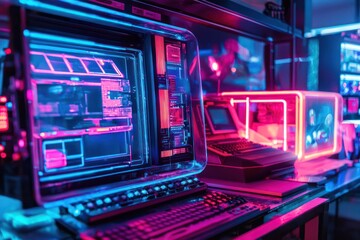 Obraz premium Bold and striking neon visuals pulsating with lasers and vibrant hues, evoking a powerful retro-futuristic energy that commands attention.