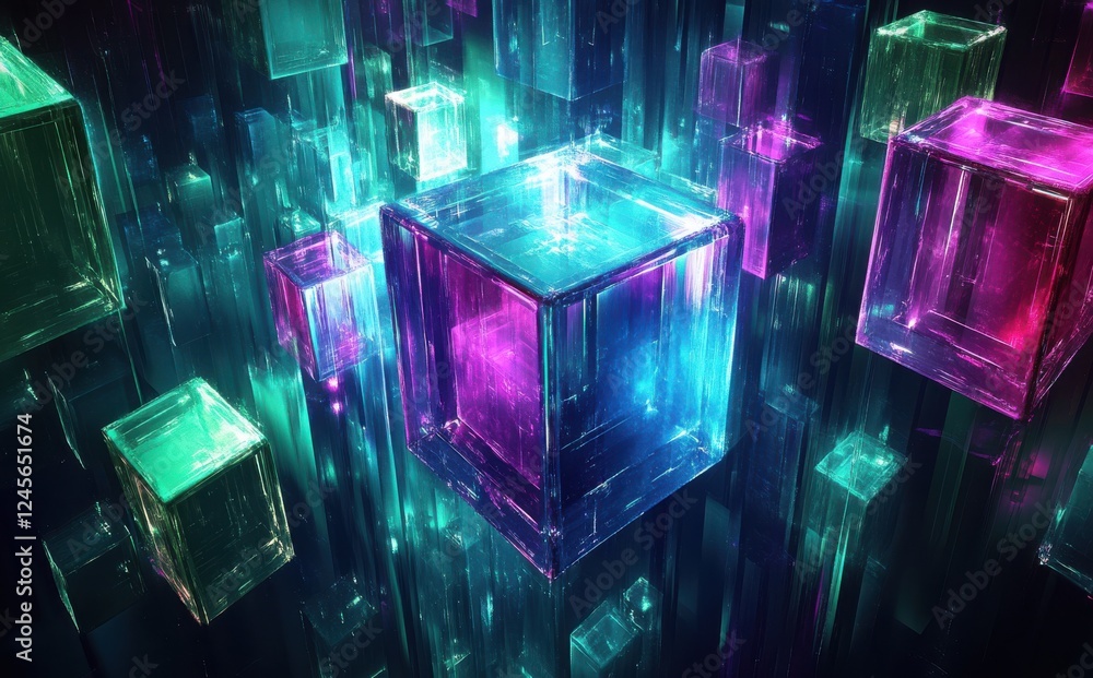 Poster vibrant and colorful abstract 3d cubes floating in dark space with glowing light effects and a futur